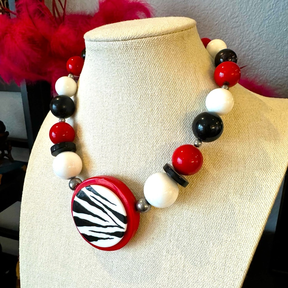 Vintage Beaded Necklace with Zebra Pendant - Picture 2 of 5